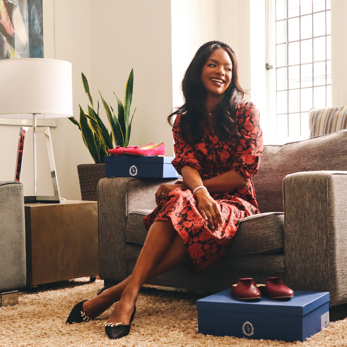 Sharifa Samora in Sarah Flint Luisa d'Orsay and Sarah Flint shoe boxes